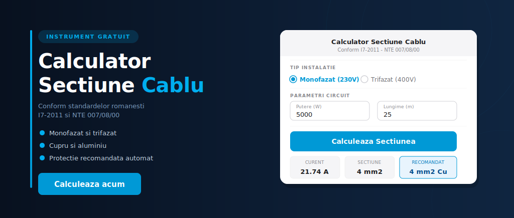 Calculator sectiune cablu