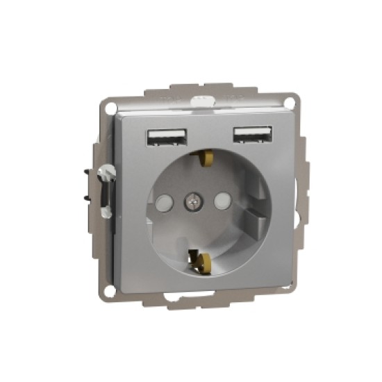 Sedna Design, Priza 2P+E+2 USB 2.4A, cu obturatoare, aluminiu