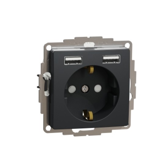 Sedna Design, Priza 2P+E+2 USB 2.4A, cu obturatoare, antracit
